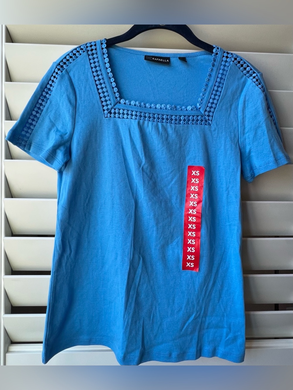 Rafaella XS New Blue Crochet-Trim Square Neck Short Sleeve Top